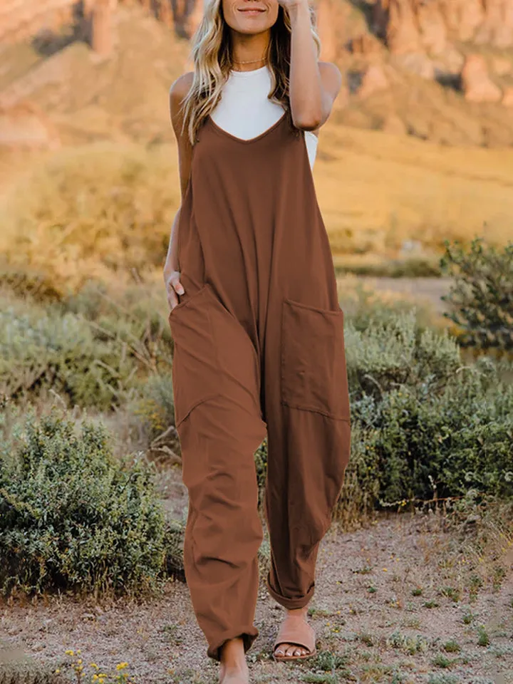 Double Take Plus Size ärmelloser Jumpsuit mit V-Ausschnitt und Taschen