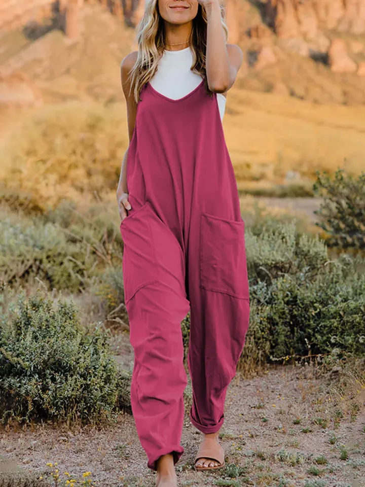 Double Take Plus Size ärmelloser Jumpsuit mit V-Ausschnitt und Taschen