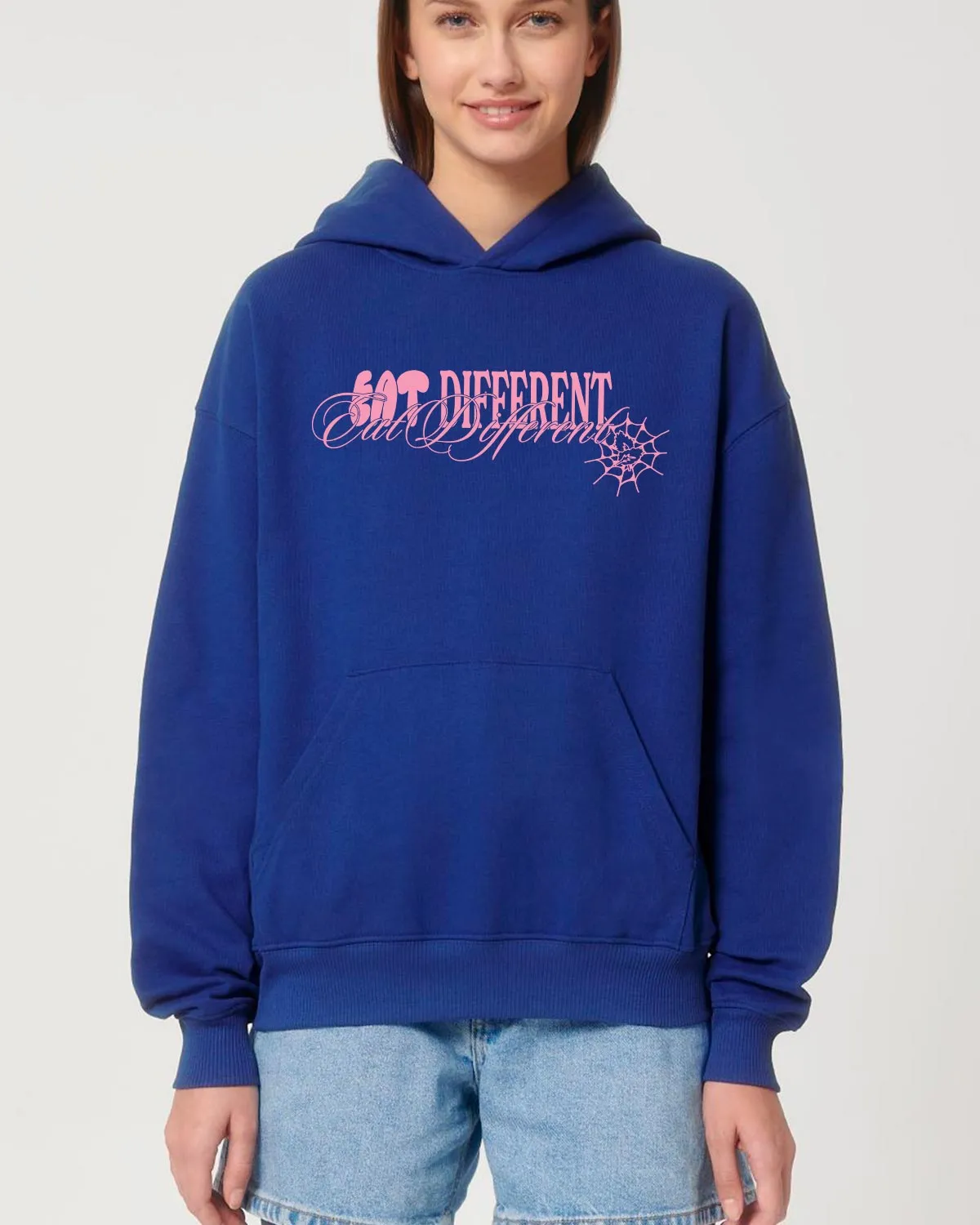 Eat Different Deluxe Organic Box Hoodie - Pink on Cobalt Blue