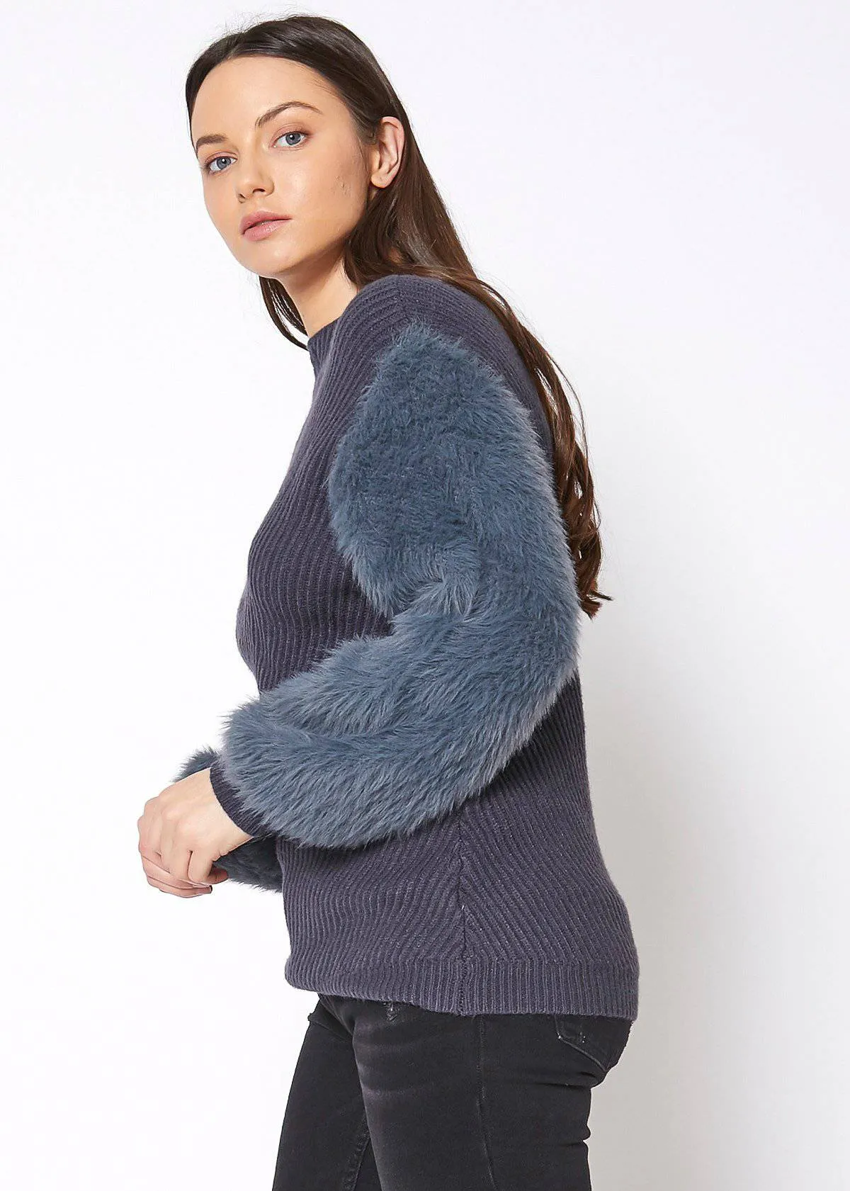 Faux Fur Sleeve Boat Neck Sweater in Slate Blue