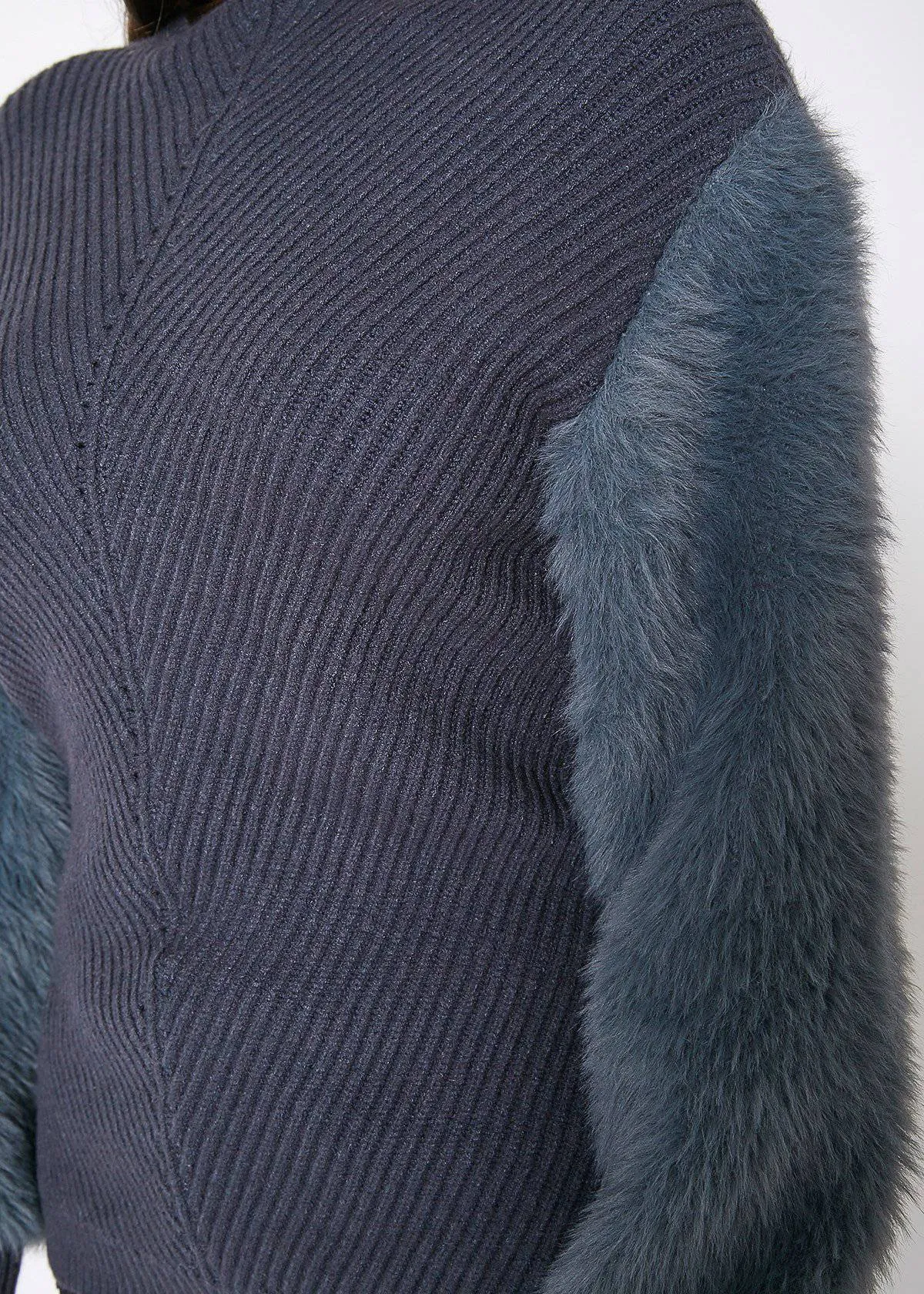 Faux Fur Sleeve Boat Neck Sweater in Slate Blue