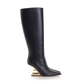 First Black Leather  High-Heeled Boots - O'lock Zip Pull