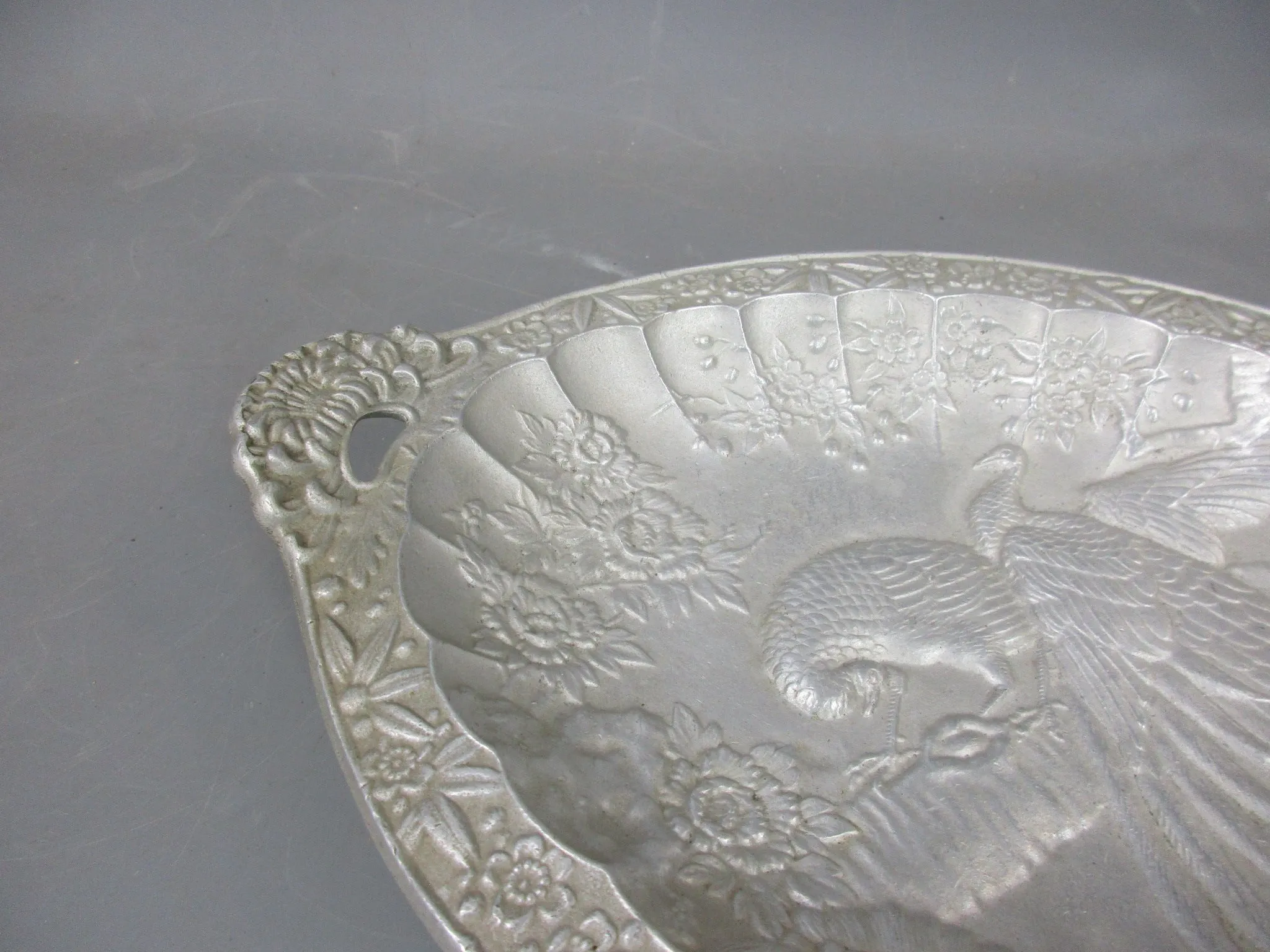 Fuse Sand Cast Aluminium Engraved Peacock Plate Antique c1913 Art Deco