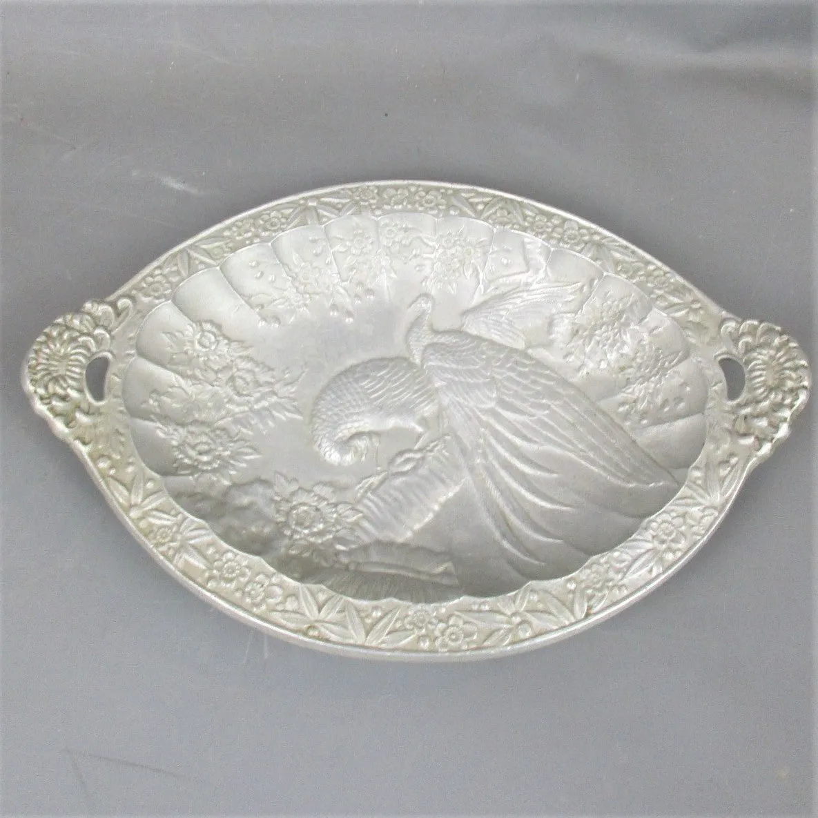 Fuse Sand Cast Aluminium Engraved Peacock Plate Antique c1913 Art Deco