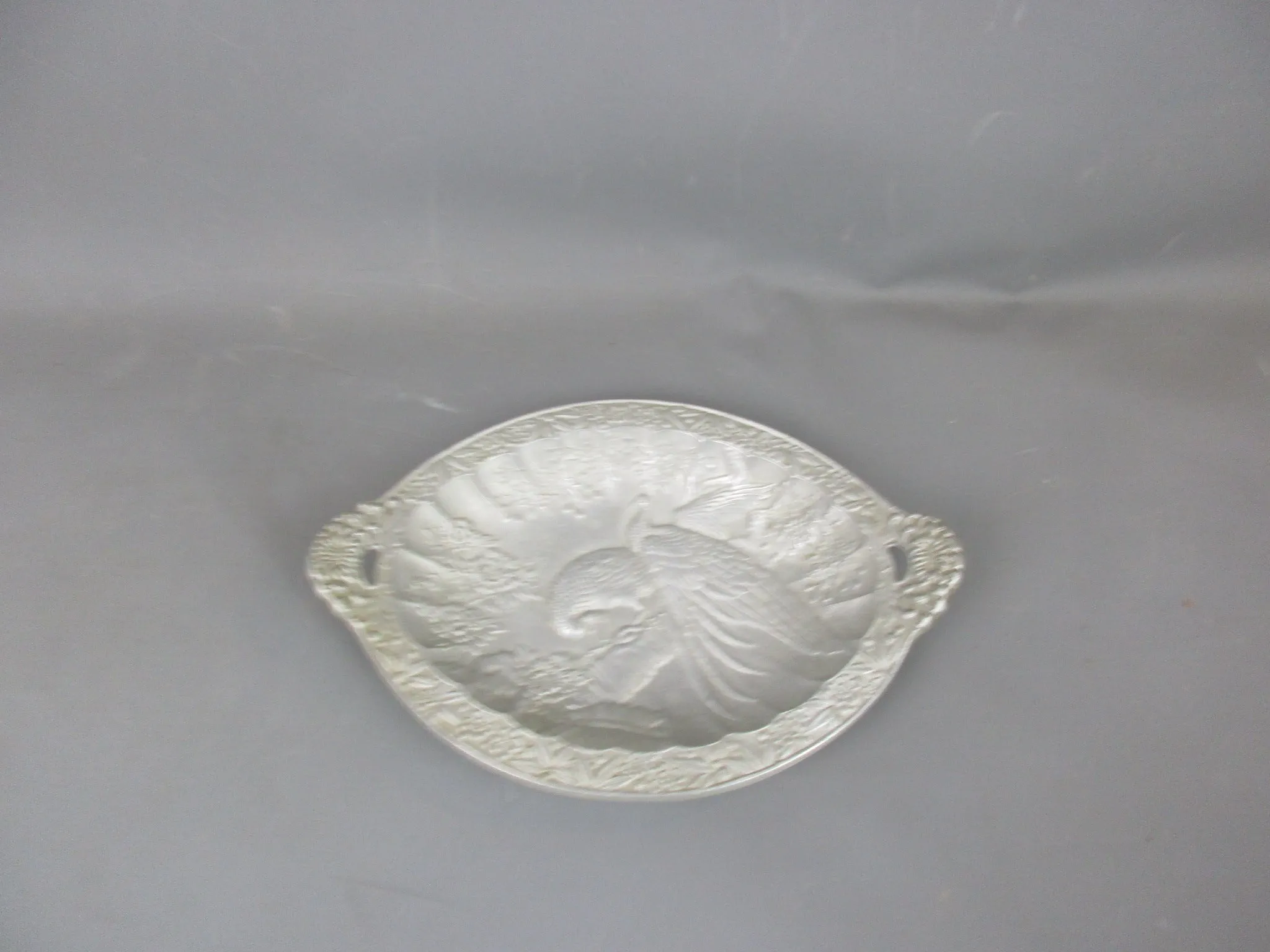 Fuse Sand Cast Aluminium Engraved Peacock Plate Antique c1913 Art Deco