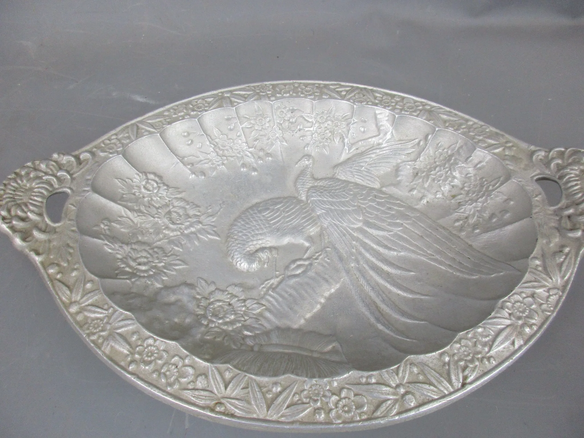 Fuse Sand Cast Aluminium Engraved Peacock Plate Antique c1913 Art Deco