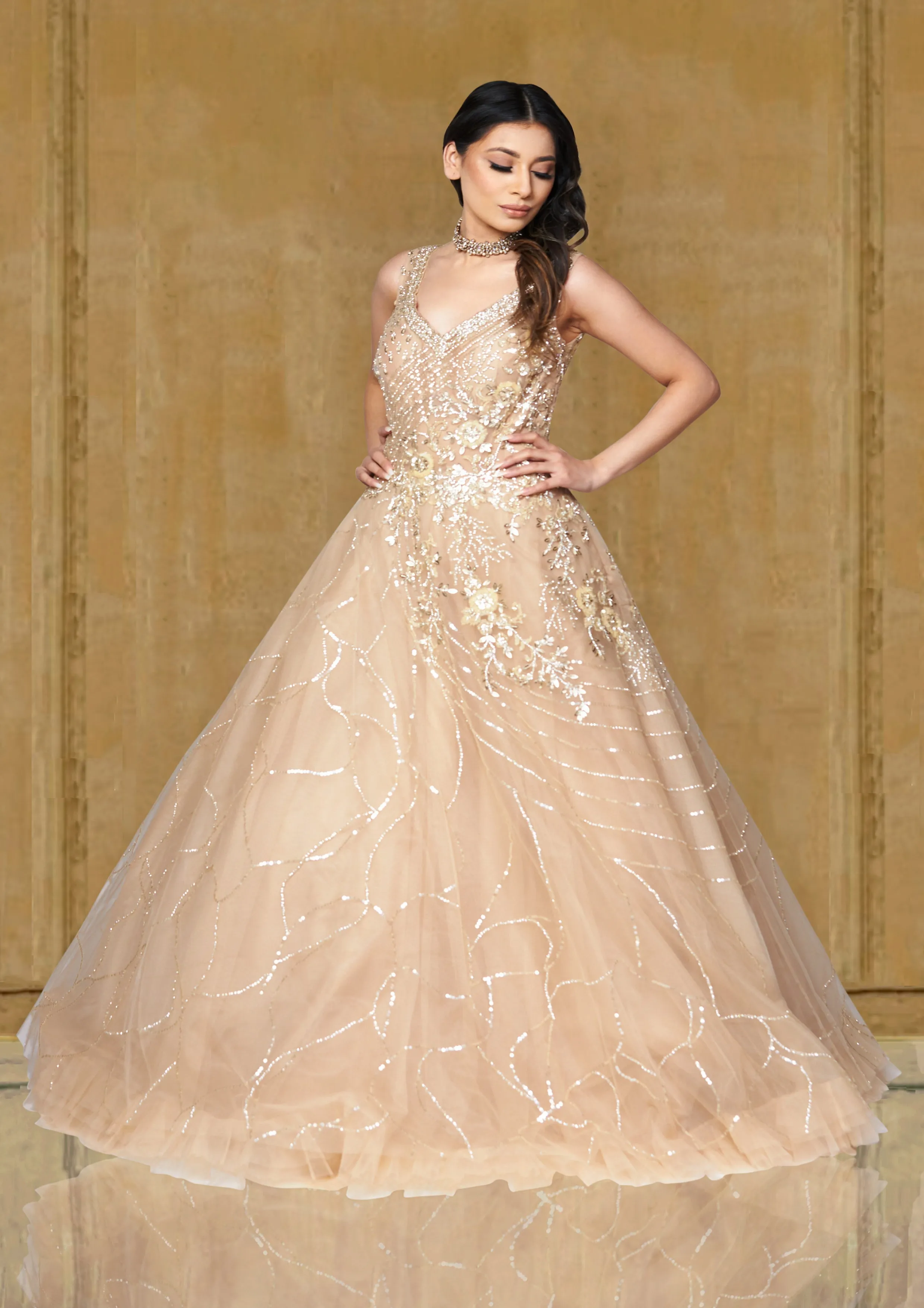 Gold & Diamond Studded Reception Partywear Gown