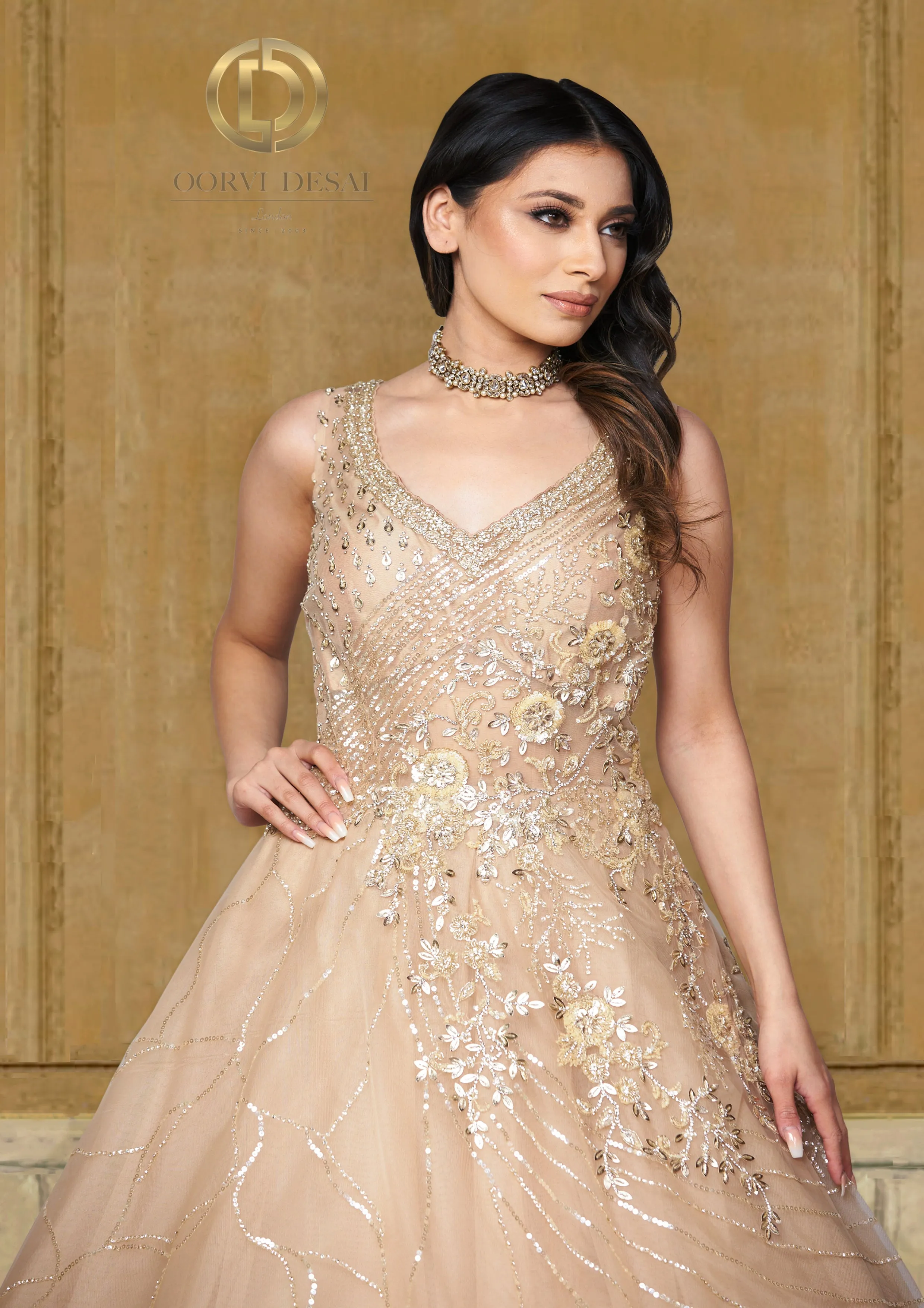 Gold & Diamond Studded Reception Partywear Gown