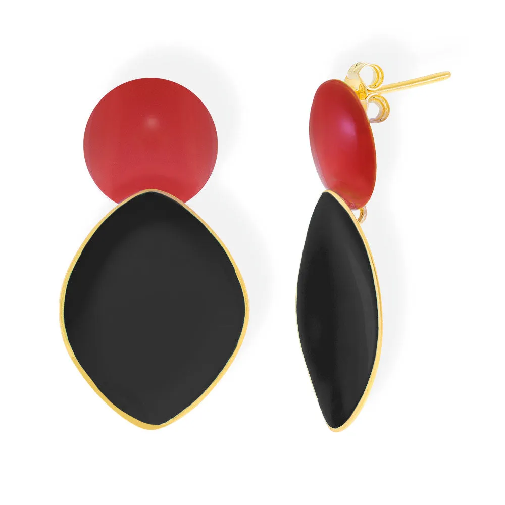 Handmade Gold Plated Silver Dangle Earrings with Red & Black Enamel