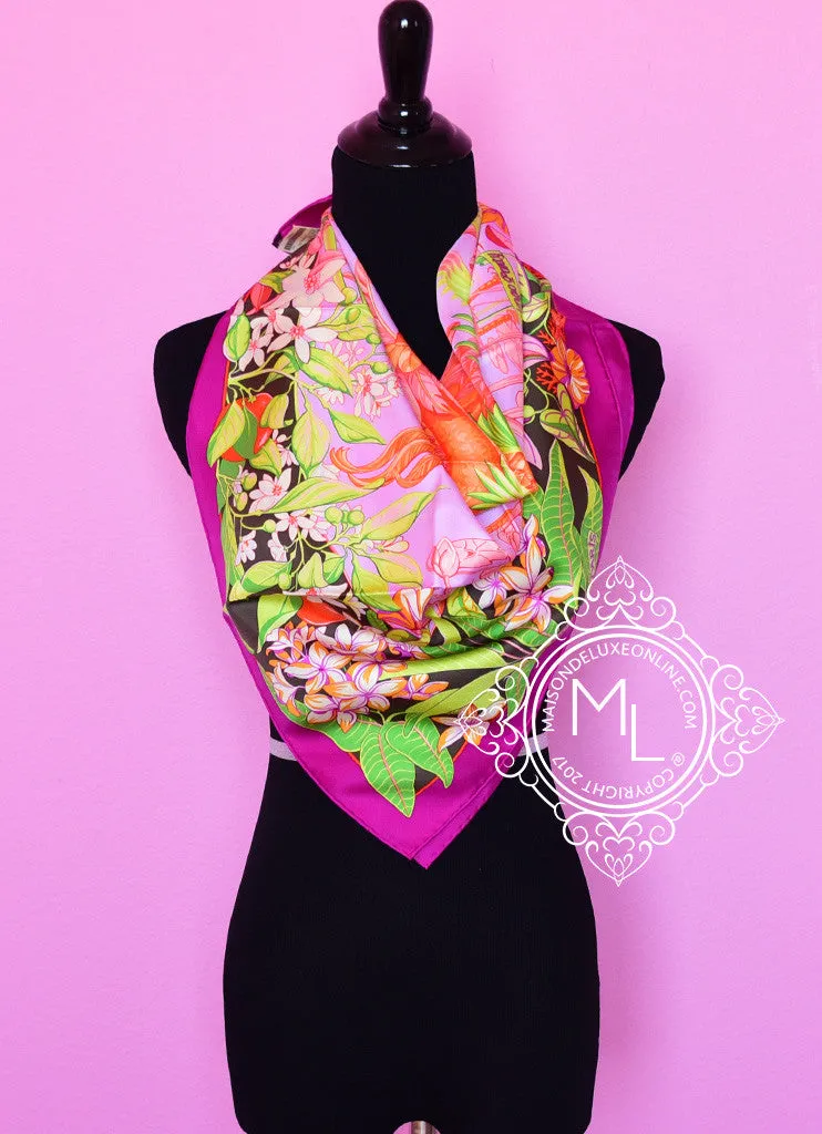 Hermes Bougainvillier Mauve Twill Silk 90 cm Flamingo Party Scarf