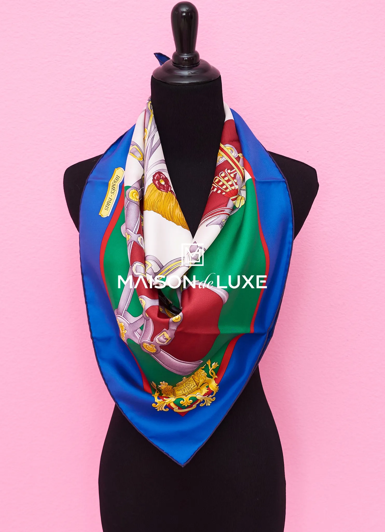 Hermes "Harnais De Cour" Blue Twill Silk 90 cm Scarf