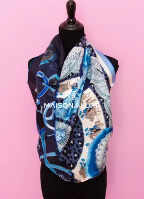 Hermes "Plumets du Roy" Blue Twill Silk 90 cm Scarf