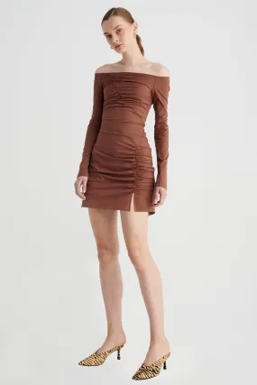 Ivy Long Sleeve Off Shoulder Dress - Chocolate