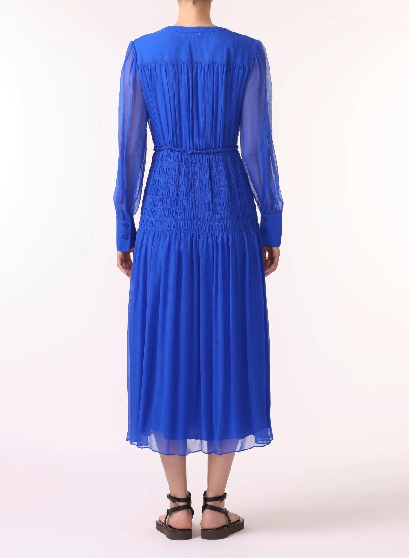 LONG SLEEVE V-NECK CHIFFON DRESS W/SMOCKING DETAIL