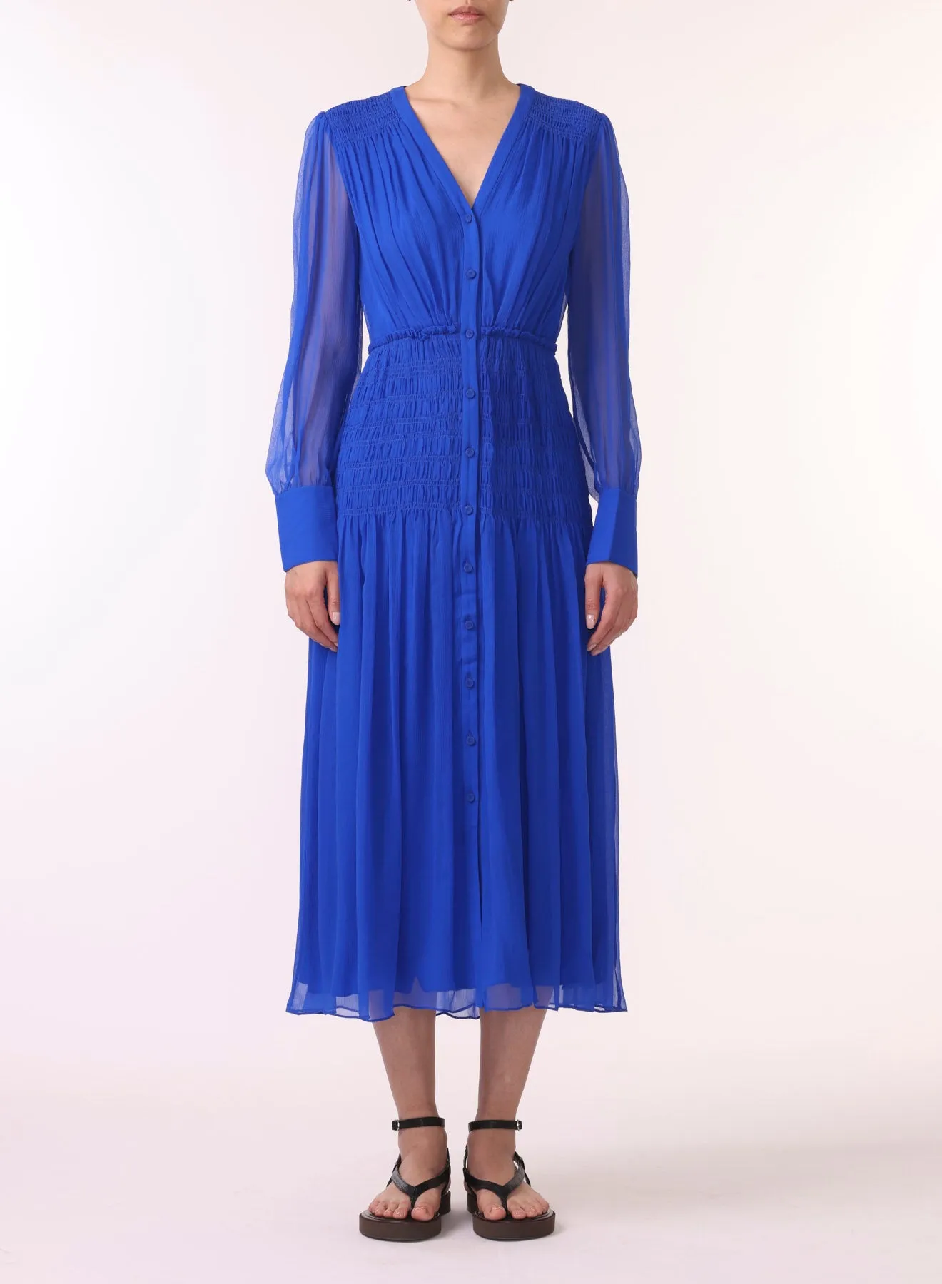 LONG SLEEVE V-NECK CHIFFON DRESS W/SMOCKING DETAIL