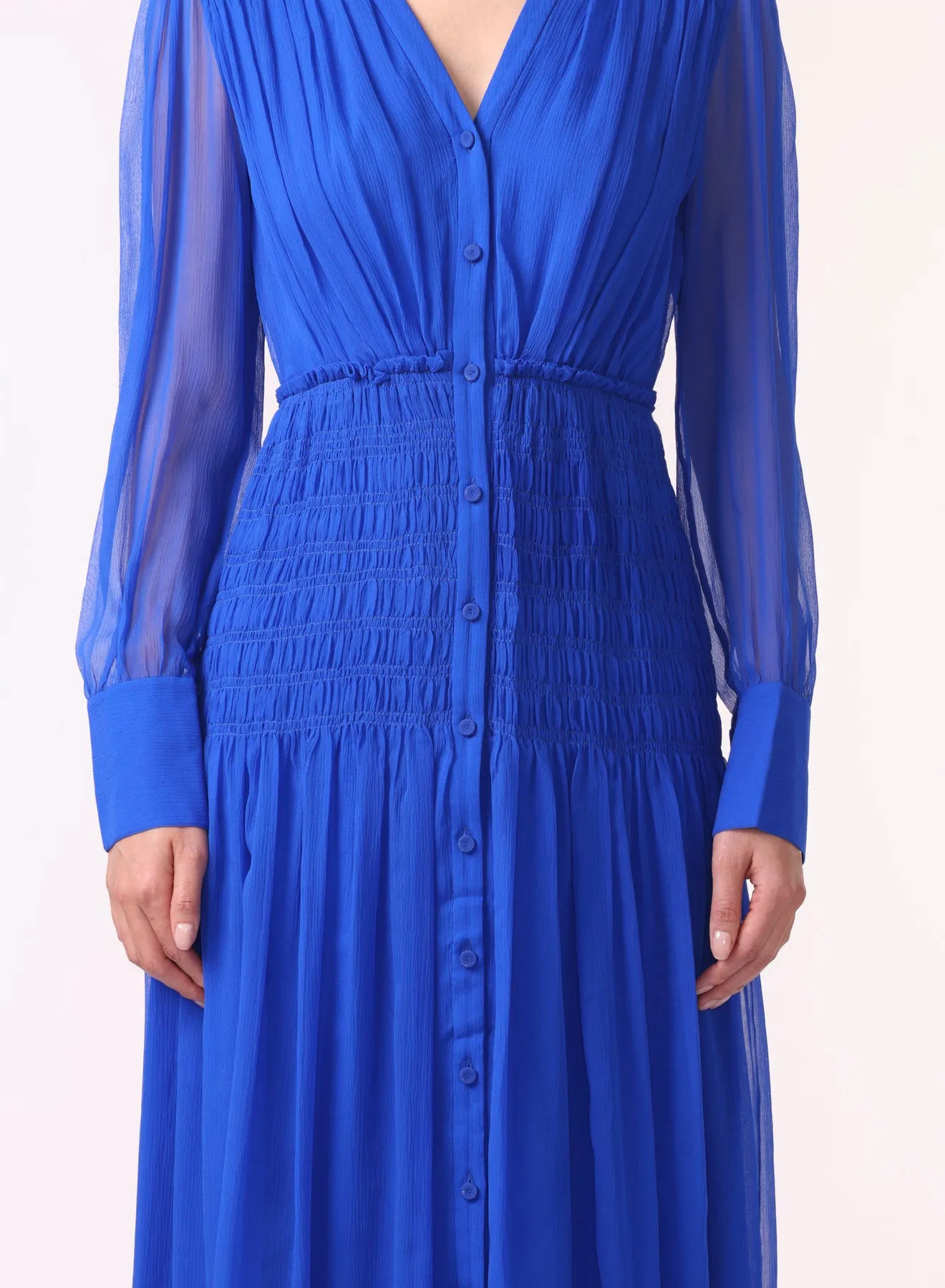 LONG SLEEVE V-NECK CHIFFON DRESS W/SMOCKING DETAIL