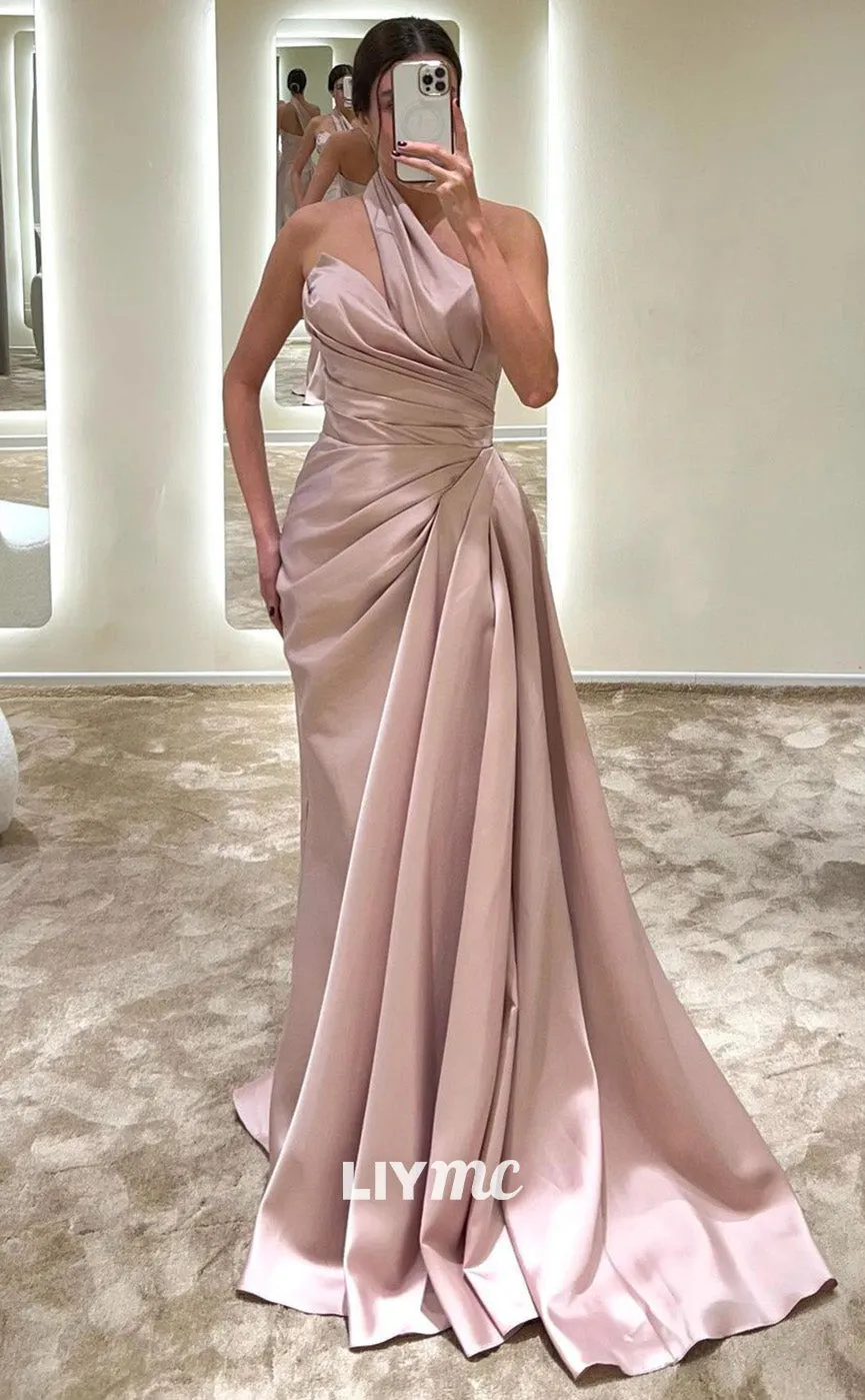 LP1843 - Simple Asymmetrical Sleeveless Pleated Ruched Sleek Satin Prom Dress