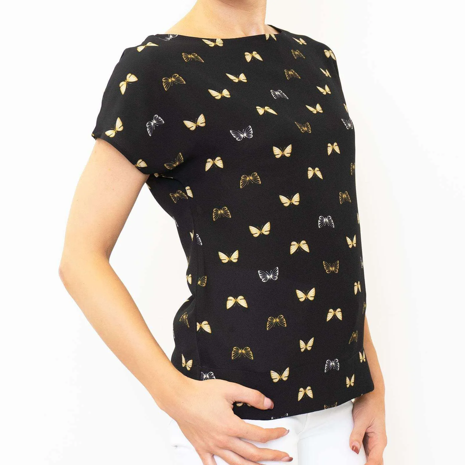 M&S Butterfly Print Black Short Sleeve Lightweight Casual Tops