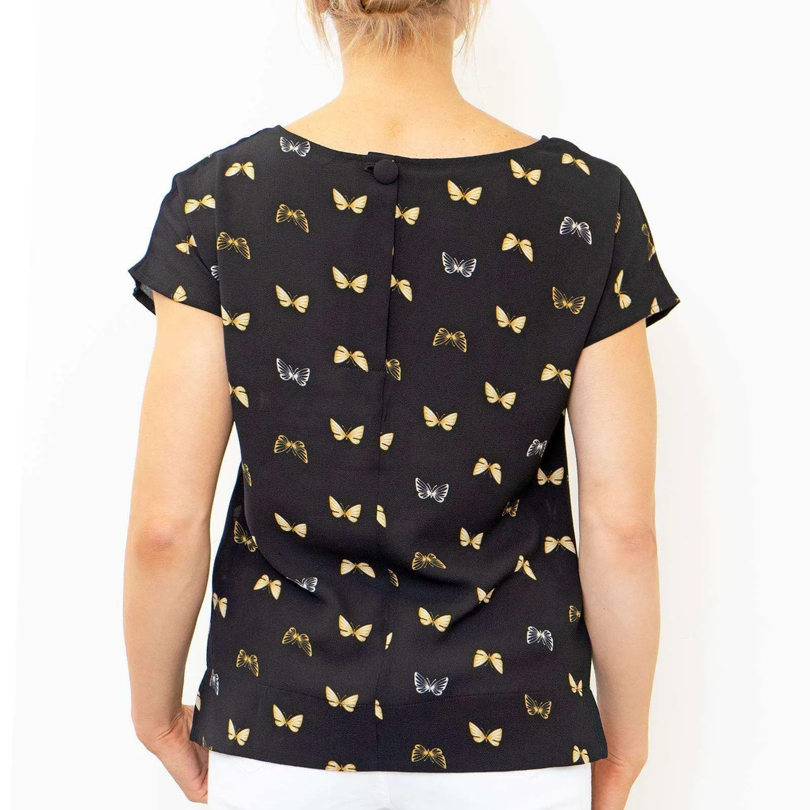 M&S Butterfly Print Black Short Sleeve Lightweight Casual Tops