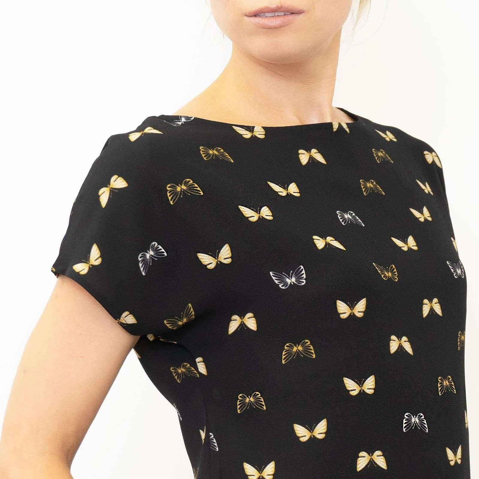 M&S Butterfly Print Black Short Sleeve Lightweight Casual Tops