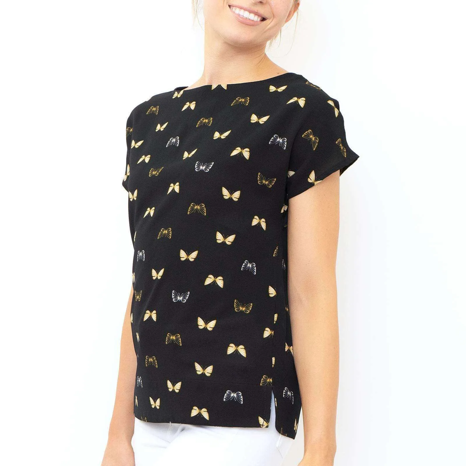 M&S Butterfly Print Black Short Sleeve Lightweight Casual Tops