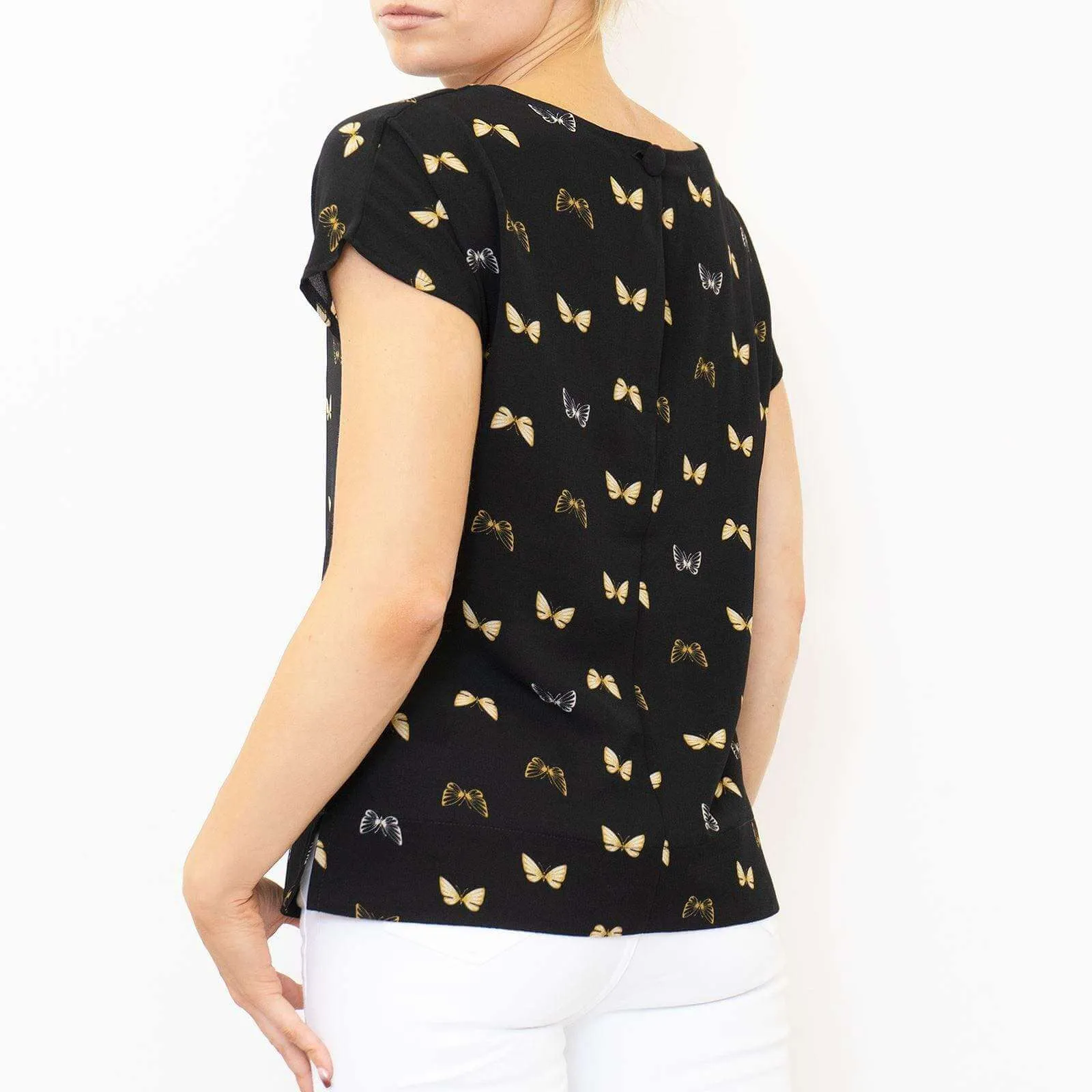 M&S Butterfly Print Black Short Sleeve Lightweight Casual Tops