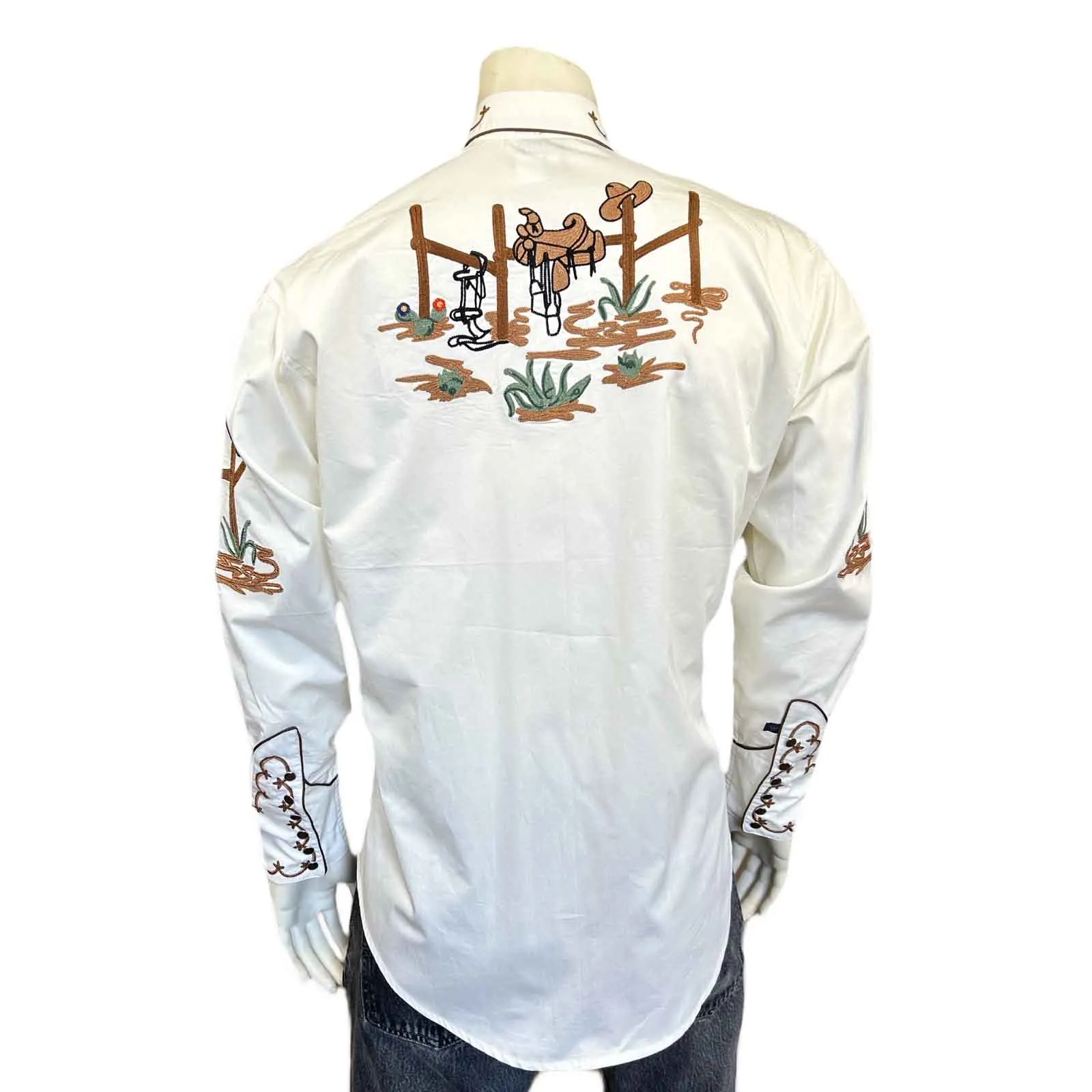 Men's Cactus & Cowboy Boots Embroidered Western Shirt in Ivory