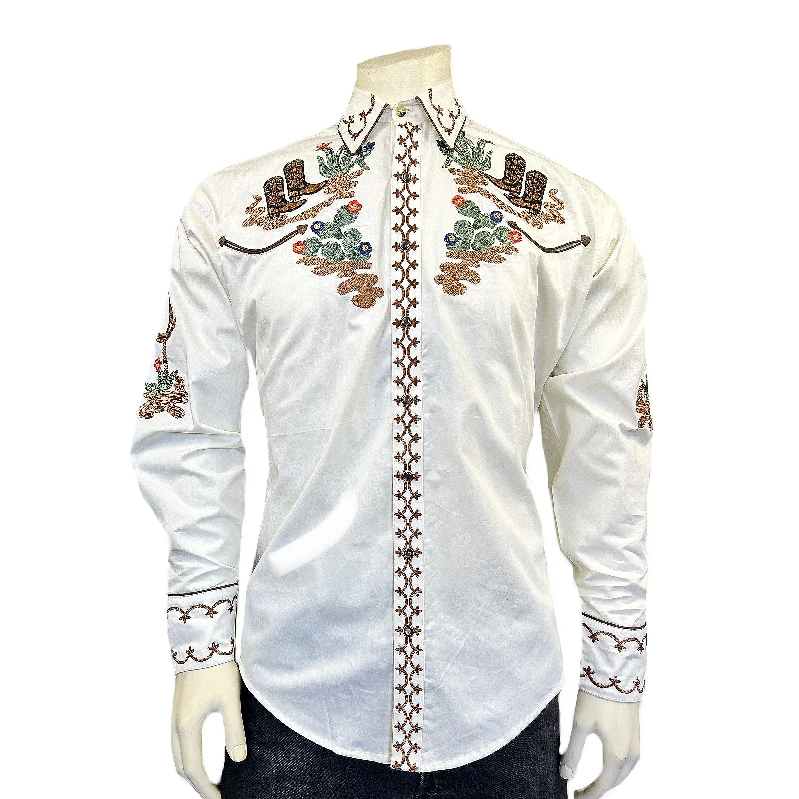 Men's Cactus & Cowboy Boots Embroidered Western Shirt in Ivory