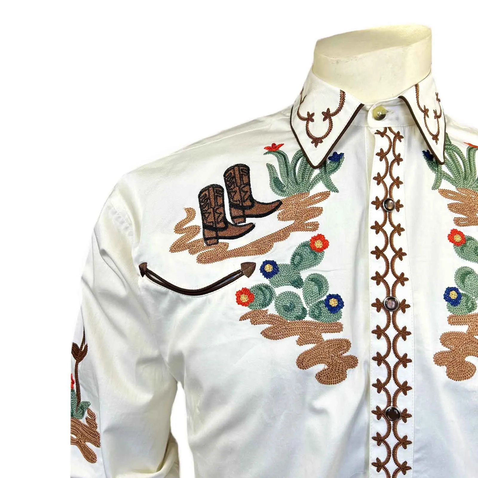 Men's Cactus & Cowboy Boots Embroidered Western Shirt in Ivory