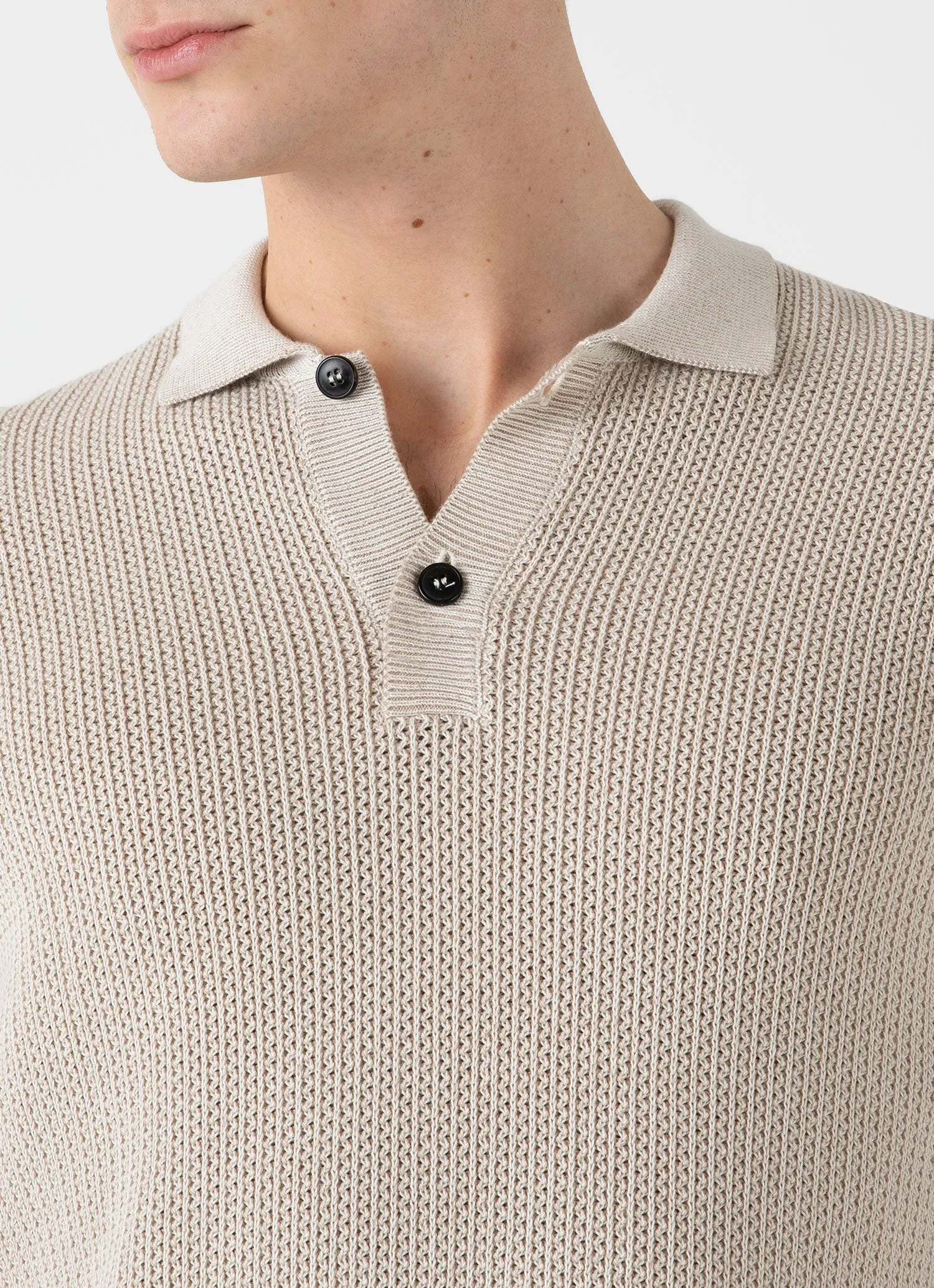 Men's Textured Knit Polo Shirt in Ecru