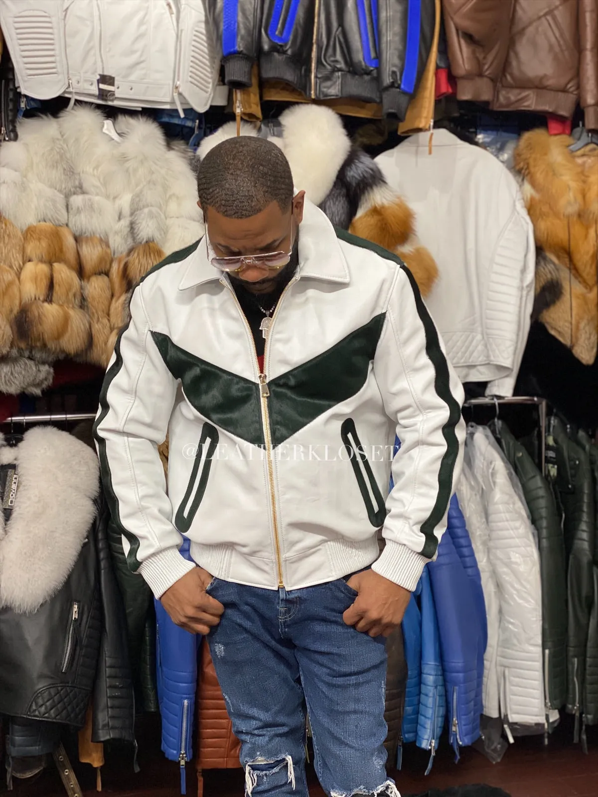 Men's V-Baseball Bomber Pony Leather Jacket [White Green]