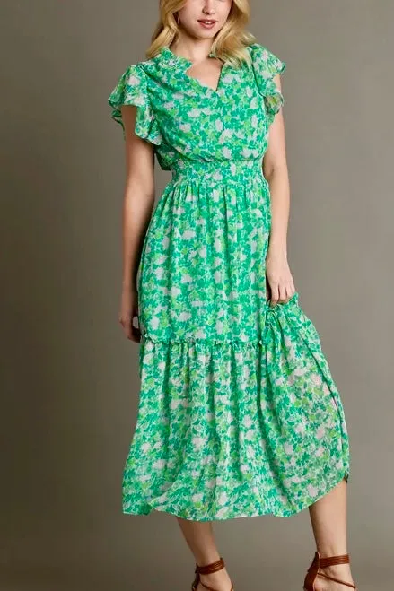 Metallic Floral Print Maxi Dress- Emerald