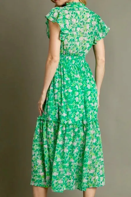 Metallic Floral Print Maxi Dress- Emerald