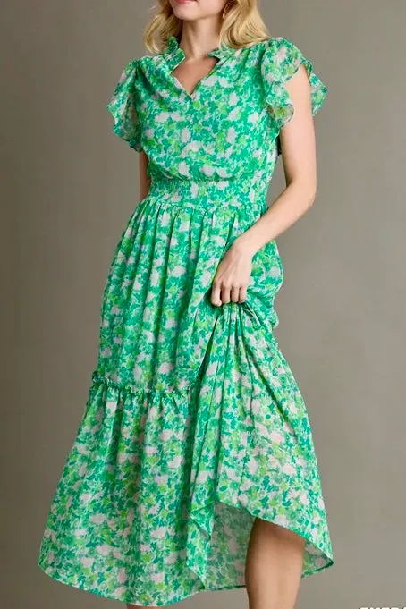 Metallic Floral Print Maxi Dress- Emerald