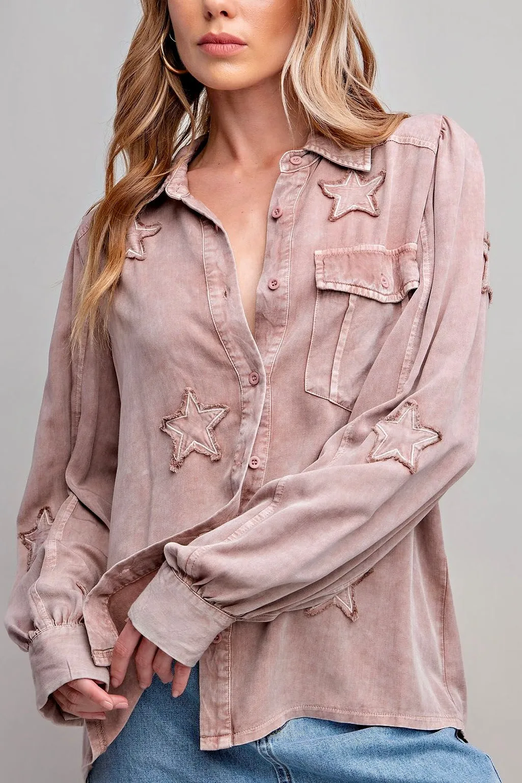 Mineral Washed Star Patch Button Down Shirt- Mauve