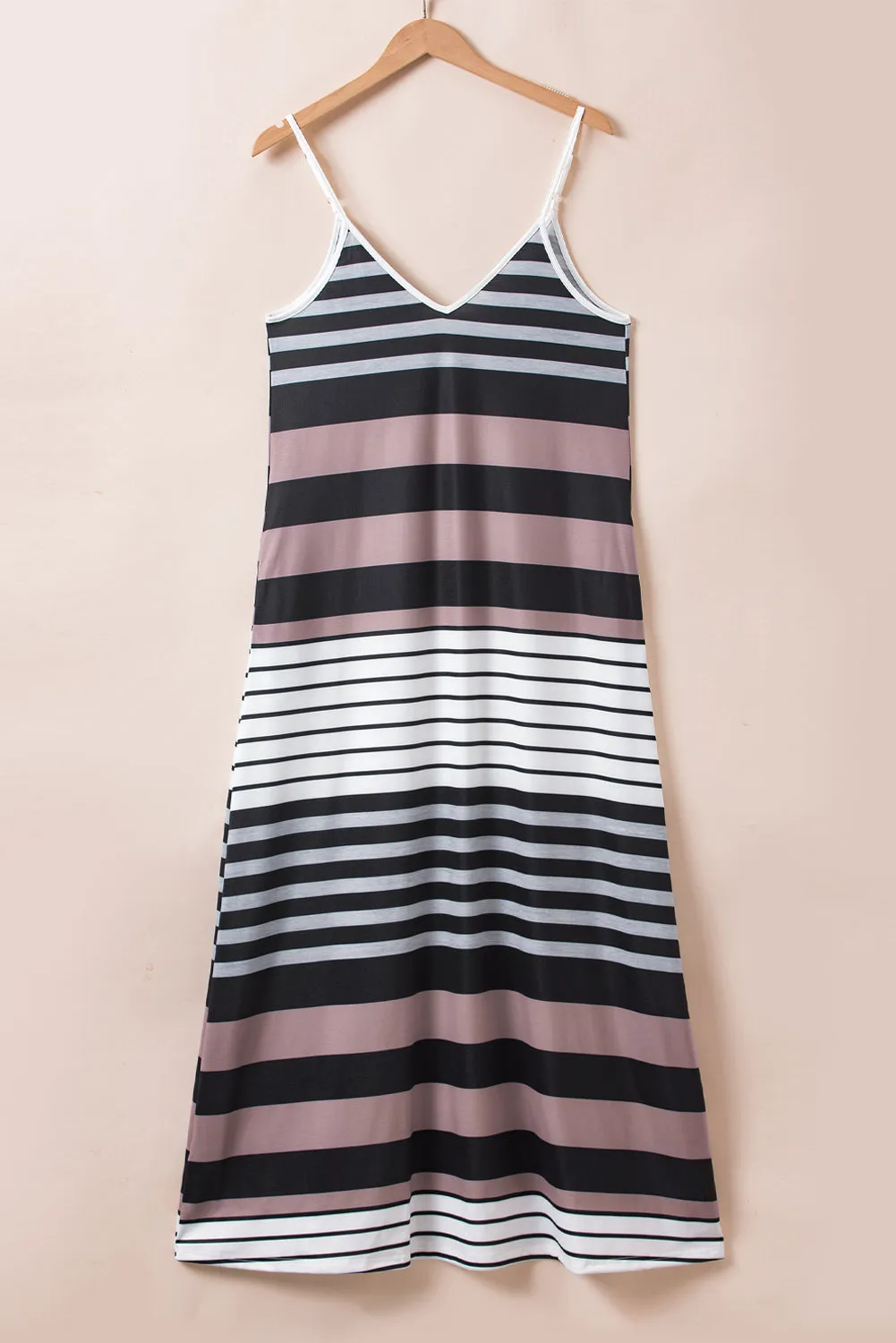 Multicolour Mixed Stripes Spaghetti Straps V Neck Maxi Dress