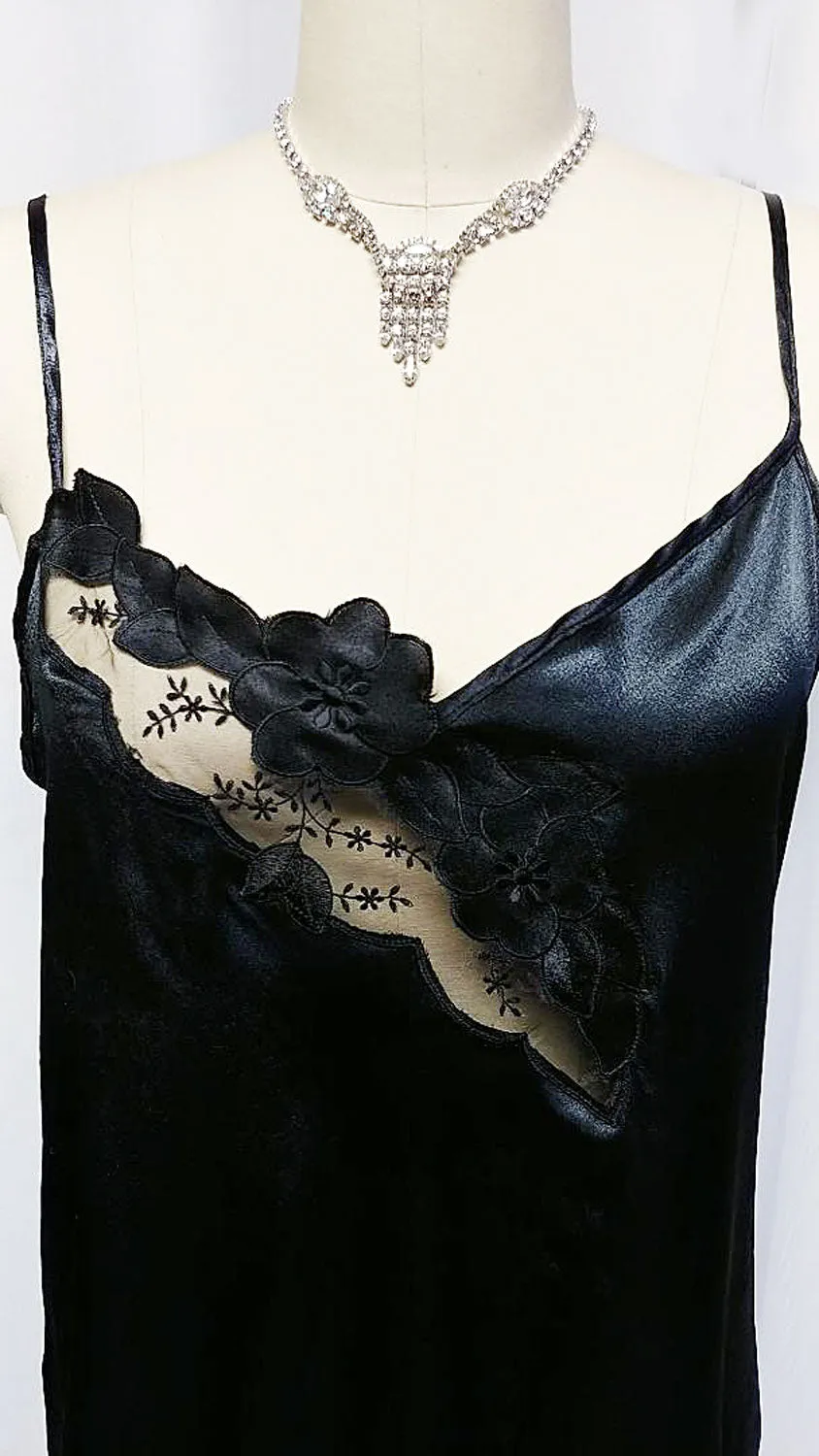 *NEW OLD STOCK - MADE IN ITALY '80S BLACK SATIN NIGHTGOWN WITH FLORAL & LEAF APPLIQUES