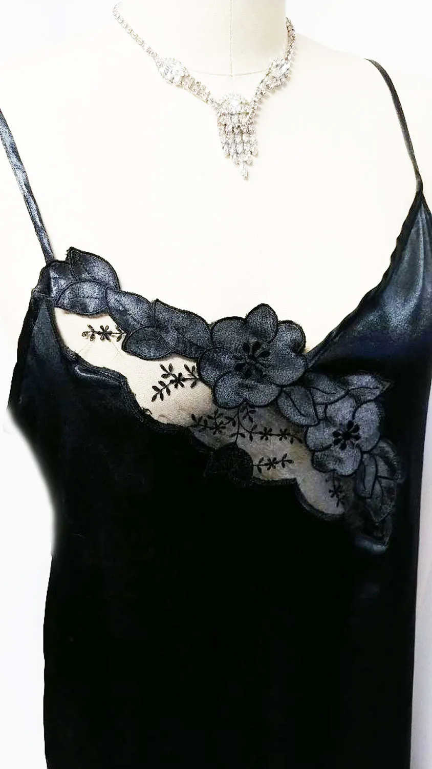 *NEW OLD STOCK - MADE IN ITALY '80S BLACK SATIN NIGHTGOWN WITH FLORAL & LEAF APPLIQUES