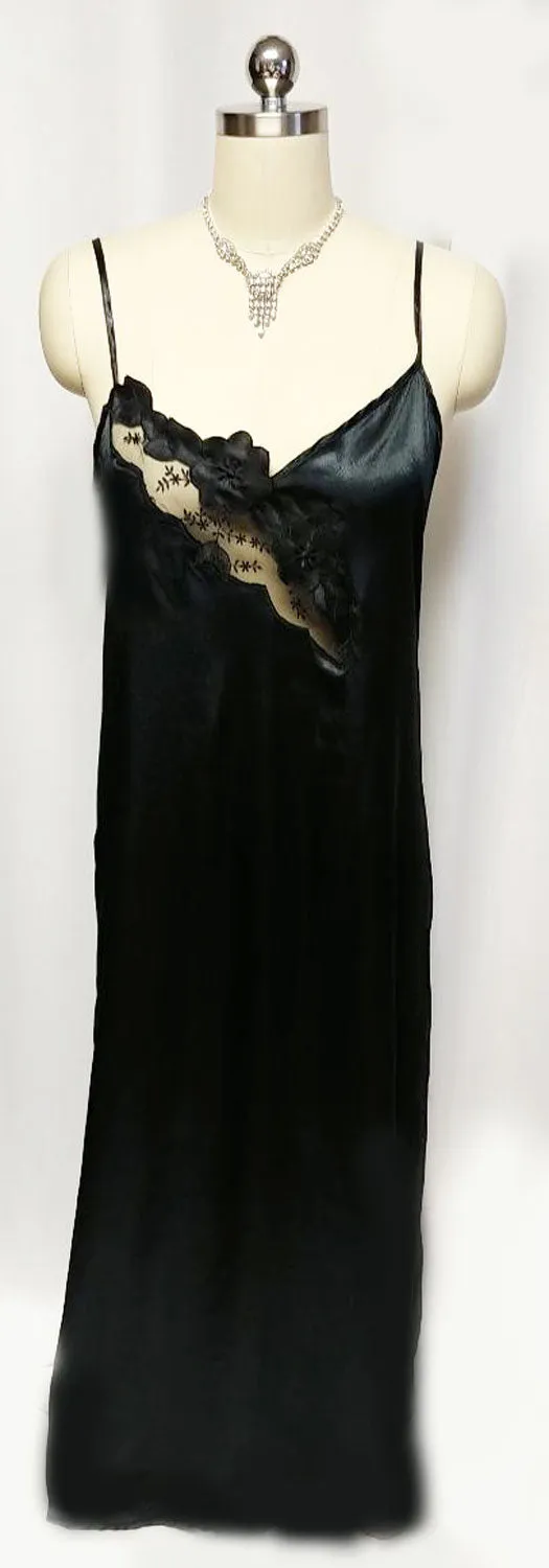 *NEW OLD STOCK - MADE IN ITALY '80S BLACK SATIN NIGHTGOWN WITH FLORAL & LEAF APPLIQUES