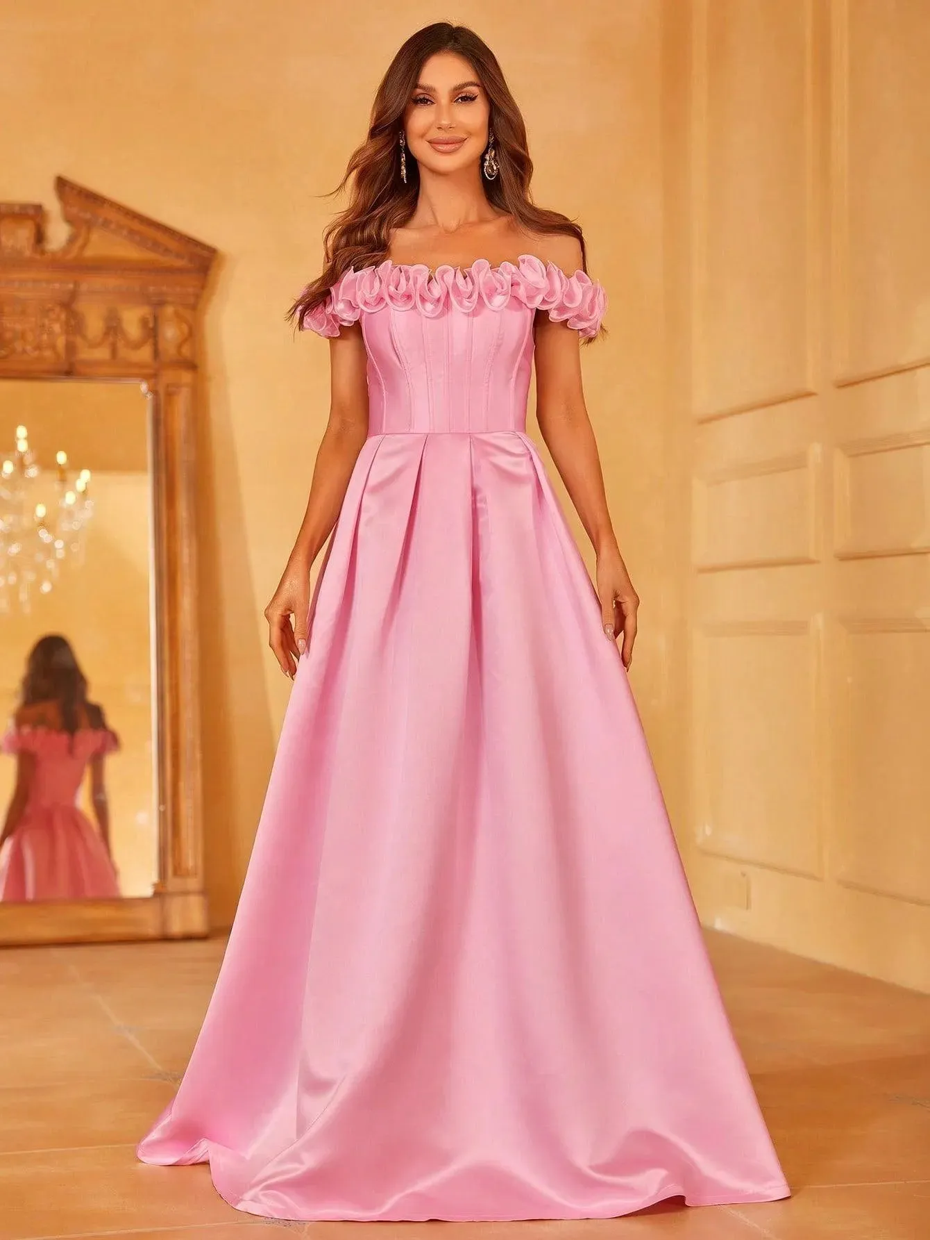 Off Shoulder Ruffle Trim Satin Prom Dress