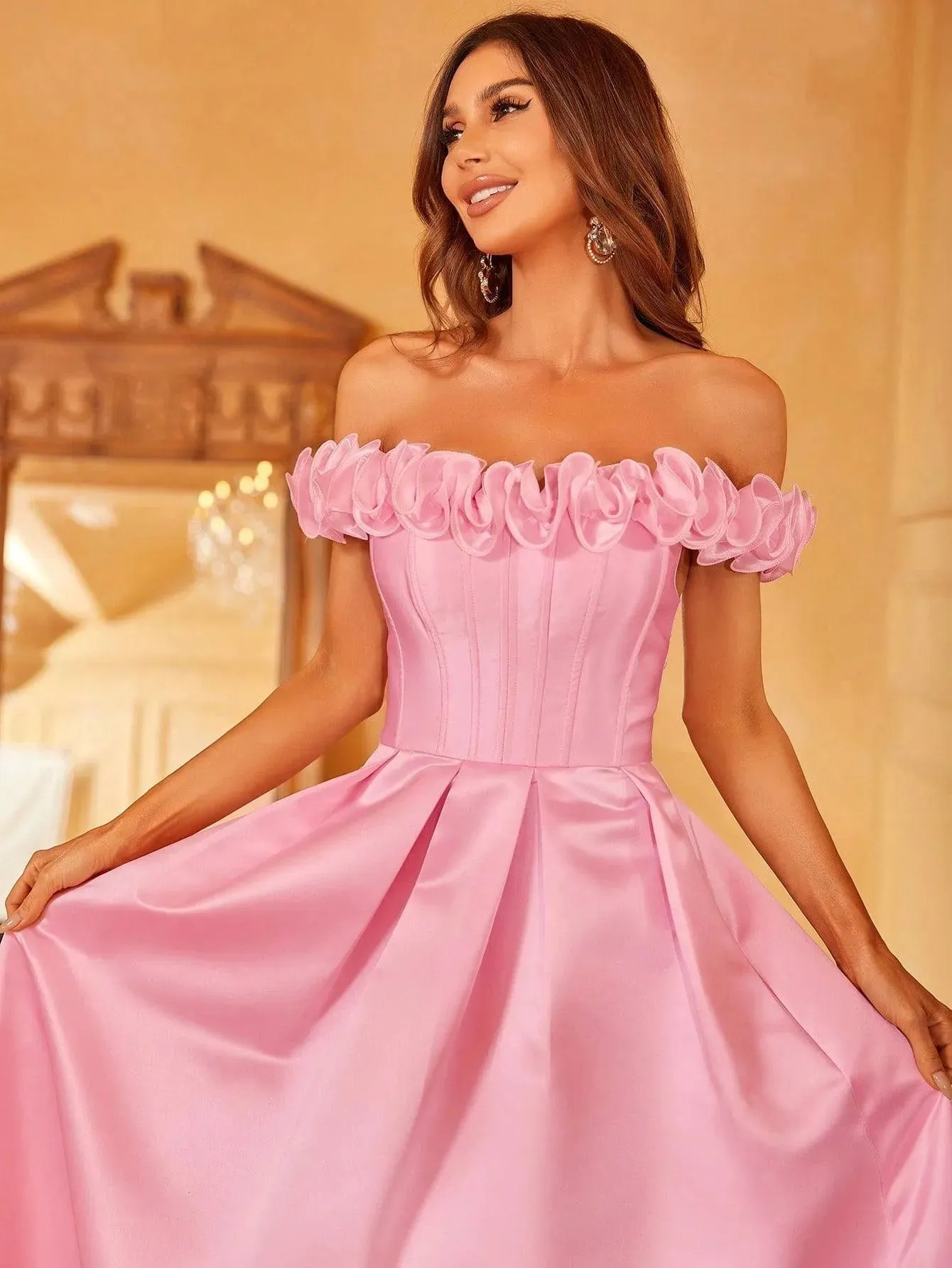 Off Shoulder Ruffle Trim Satin Prom Dress