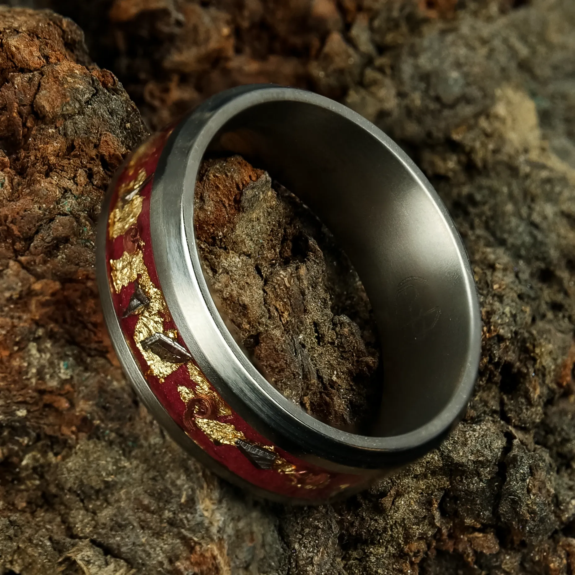 Regal Glowstone Ring on Titanium | Meteorite, Copper, and Gold Leaf