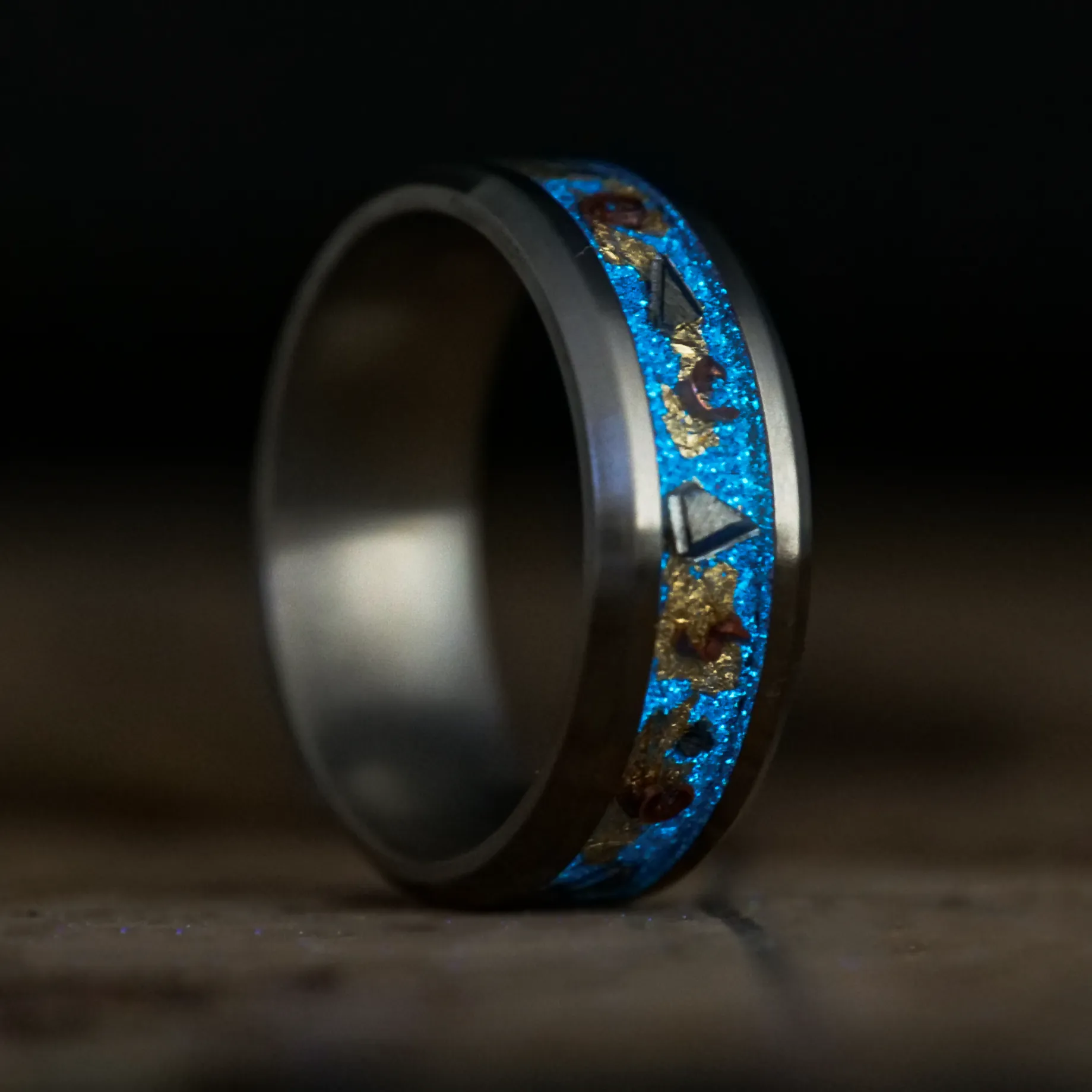 Regal Glowstone Ring on Titanium | Meteorite, Copper, and Gold Leaf