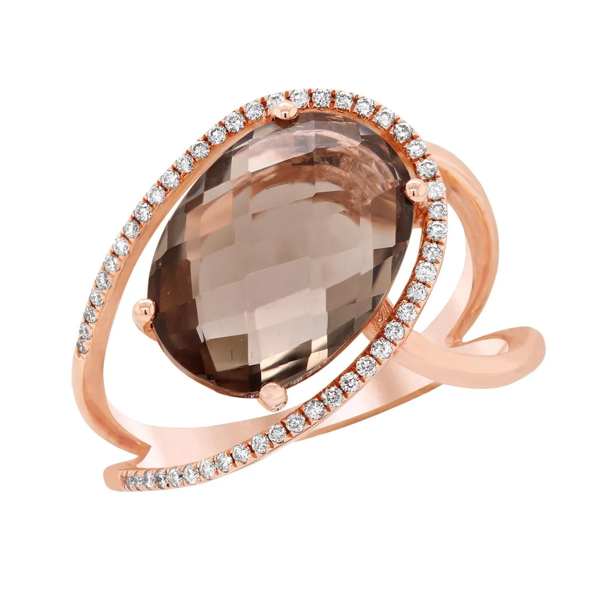 ROSE GOLD FASHION RING WITH SMOKY TOPAZ CENTER AND SIDE DIAMONDS, .14 CT TW