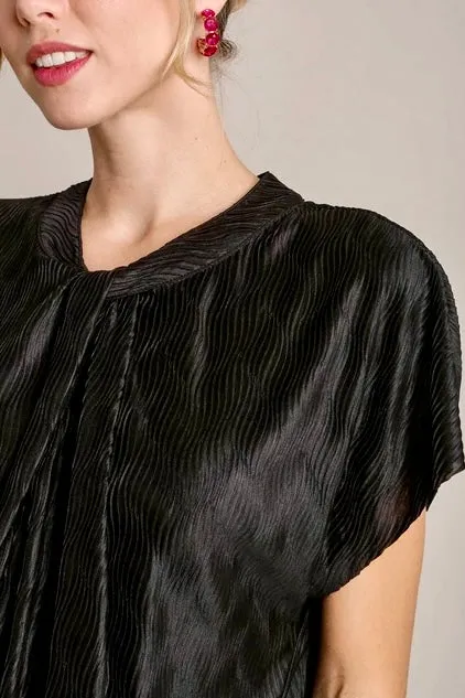 Satin Wave Texture Top with Tie Neck Detail & Short Batwing Sleeves- Black