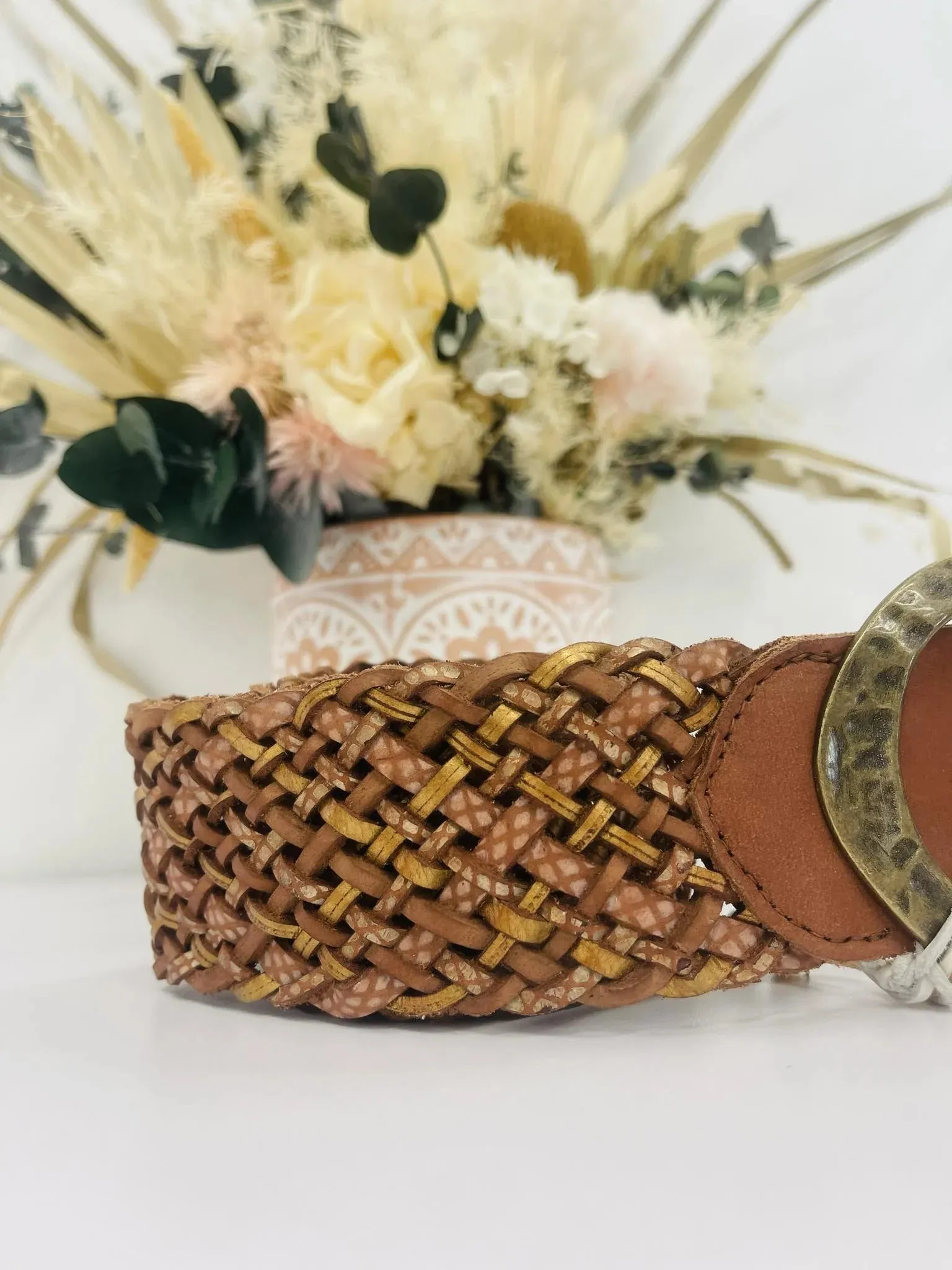 Saya Boho Genuine Leather Plaited Belt Oval Buckle ~ Oak