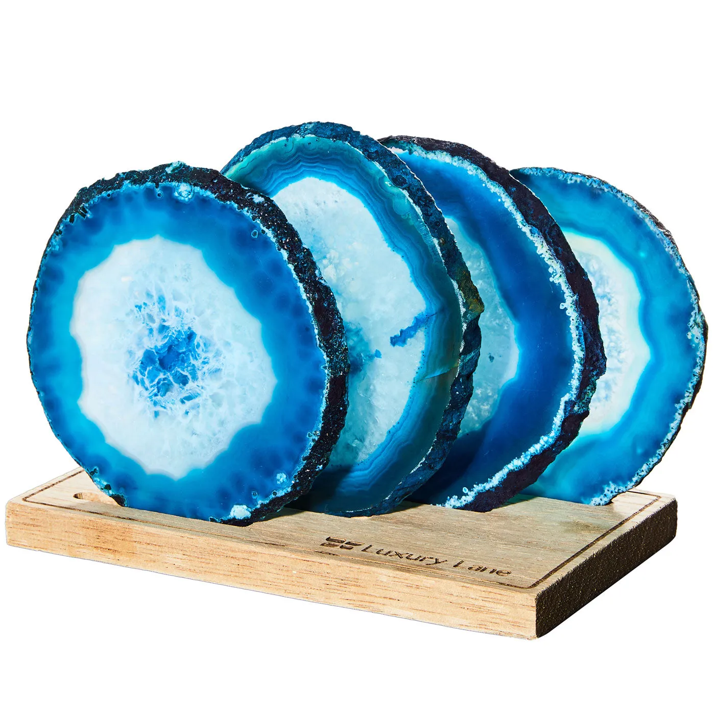 Set of 4 Natural Brazilian Agate Drink Coasters with Wood Holder - Ocean