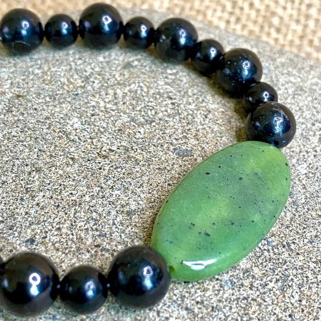 Shungite Bracelet With Large Oval Green Jade Focal Bead