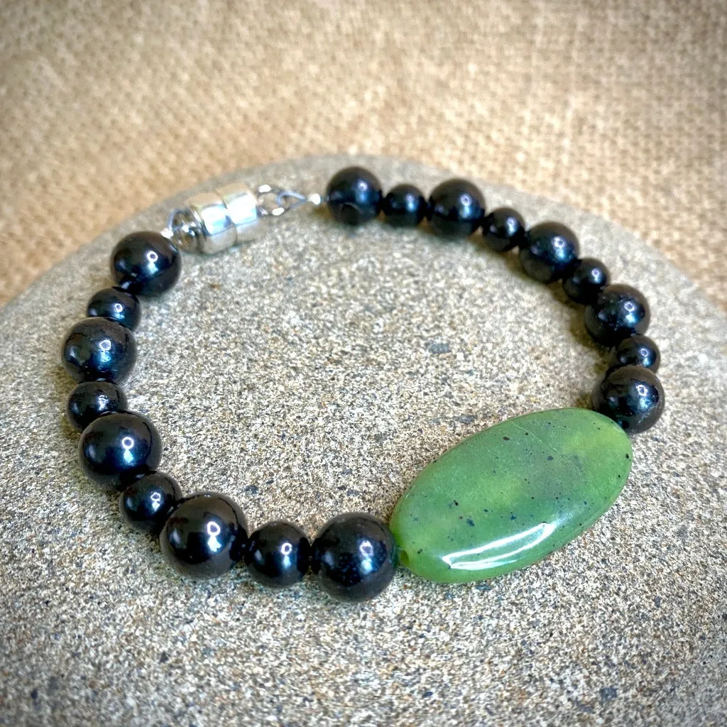 Shungite Bracelet With Large Oval Green Jade Focal Bead