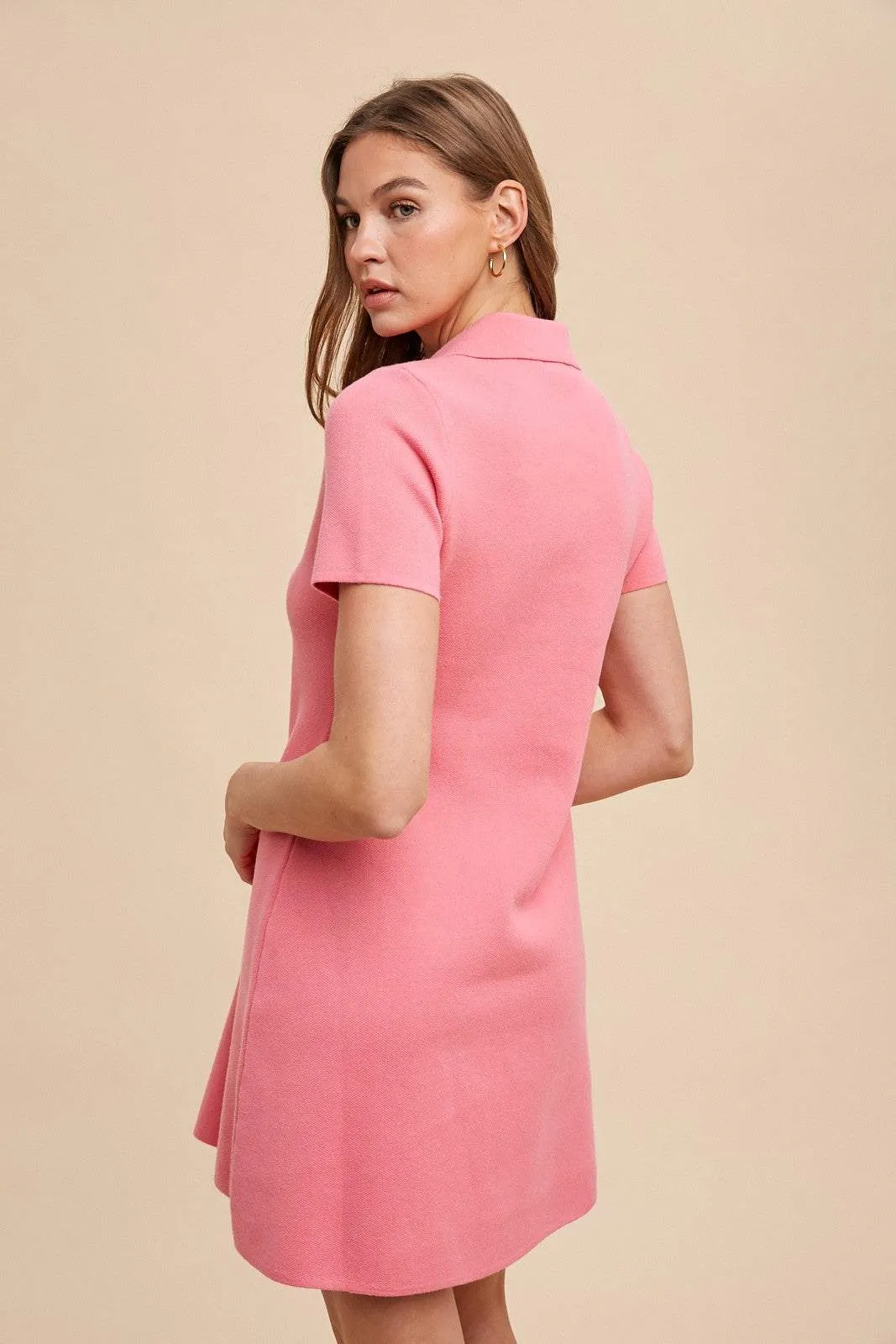 Spring Pink Short Sleeve Sweater Polo Dress